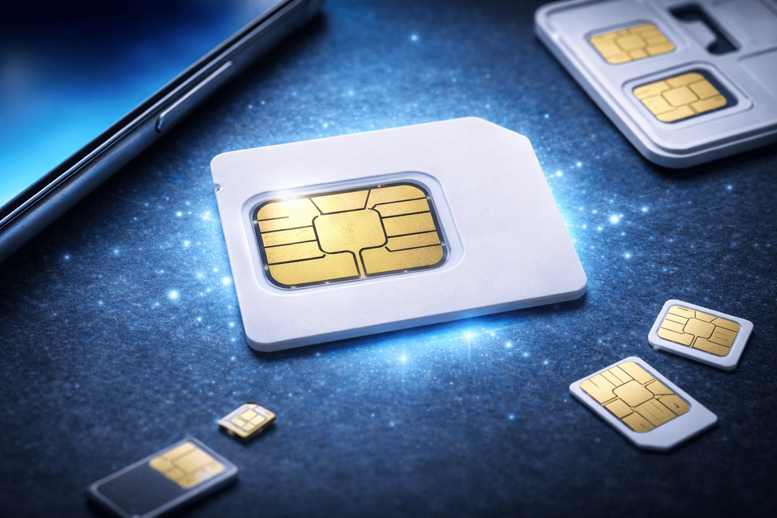 Vad ska du tänka på när du ska köpa simkort? Simkort mot en blågnistrande bakgrund.