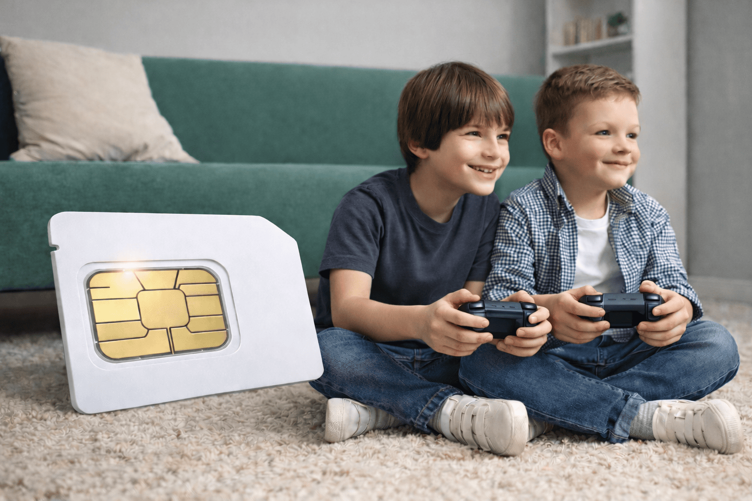 Ett simkort till barn till vänster om två barn som spelar TV-spel.