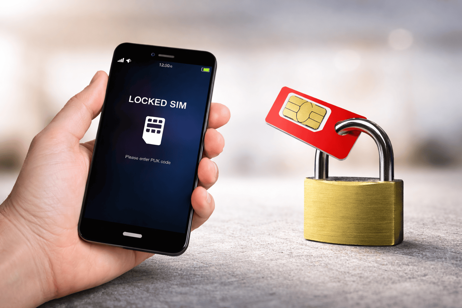 Låst sim kort i telefonen och ett simkort som sitter fast i ett lås.
