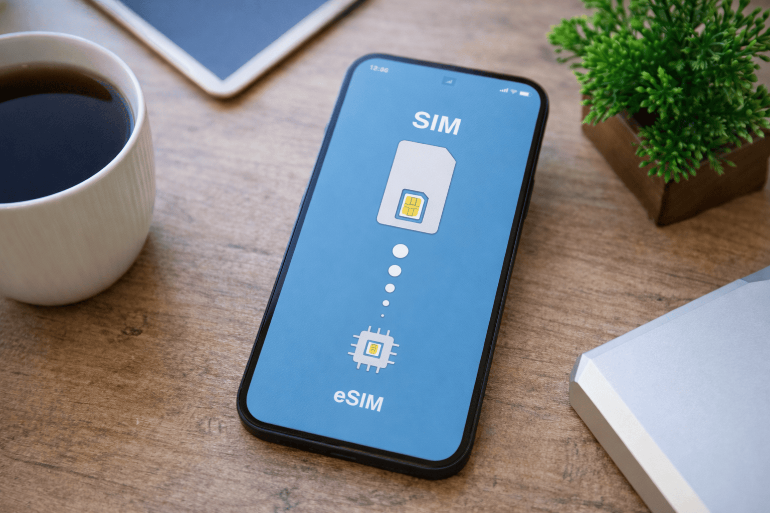 E simkort visuellt jämfört med ett fysisk simkort.
