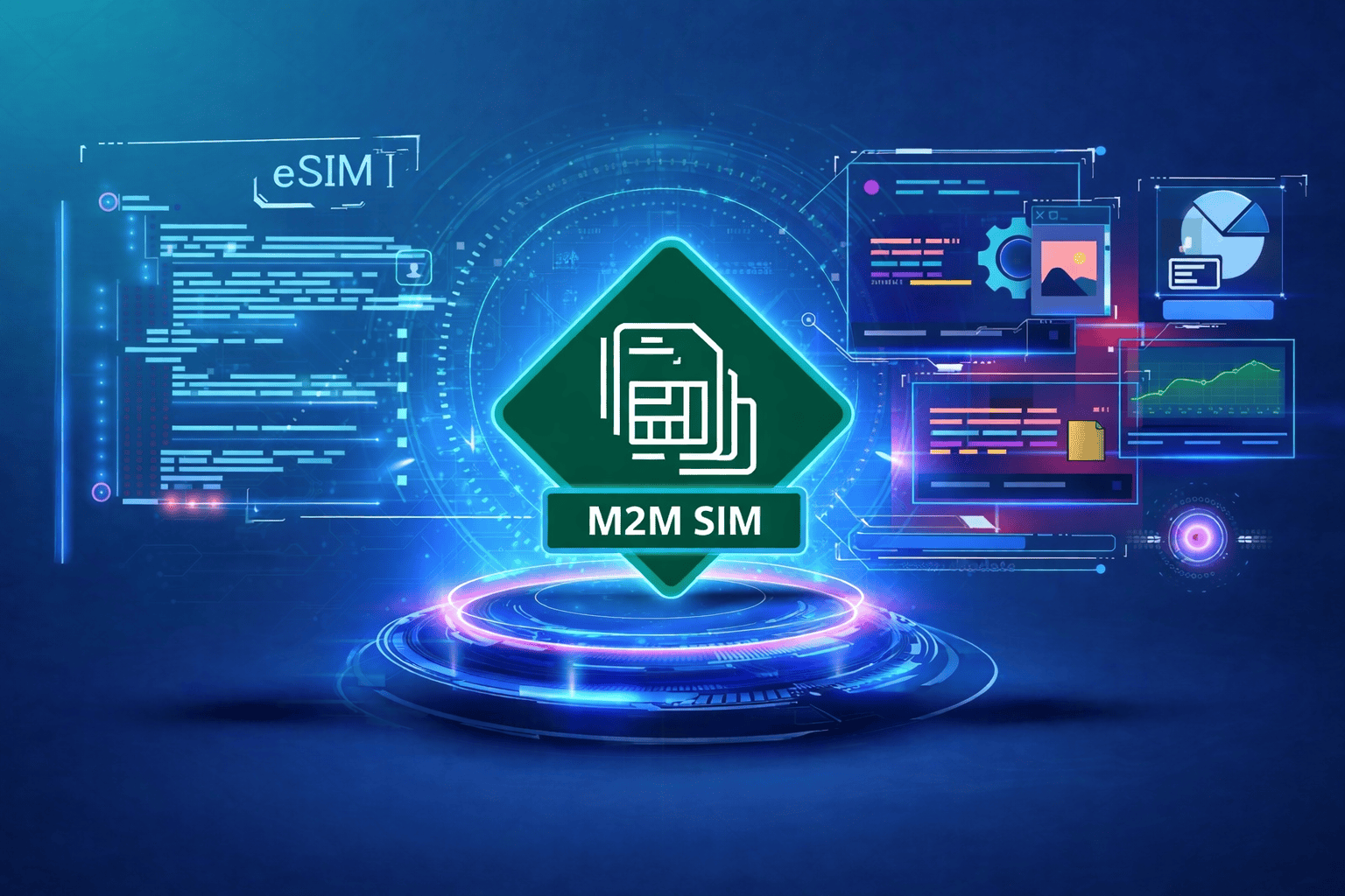 M2M sim kort M2M sim kort med teknologisk och färgglad bakgrund.