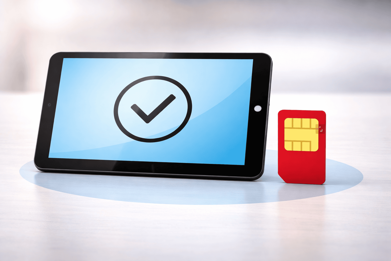 Simkort till surfplatta En surfplatta och ett sim kort till surfplattan.