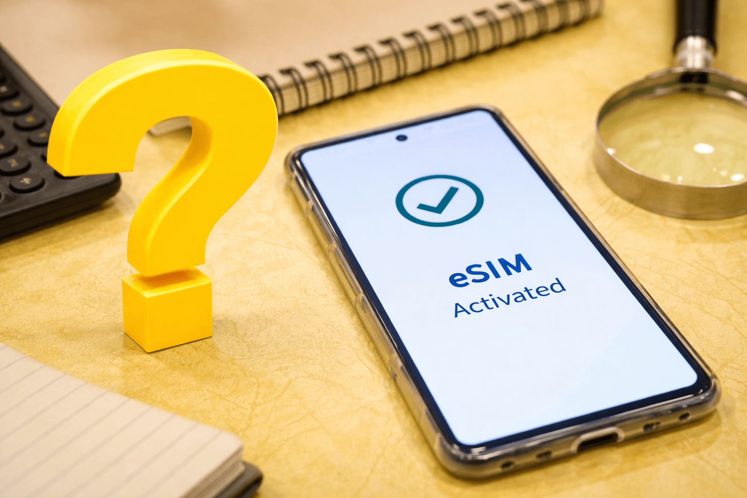 Aktivera simkort Frågetecken och en mobil med "esim activated". Hur lång tid tar det att aktivera simkortet?