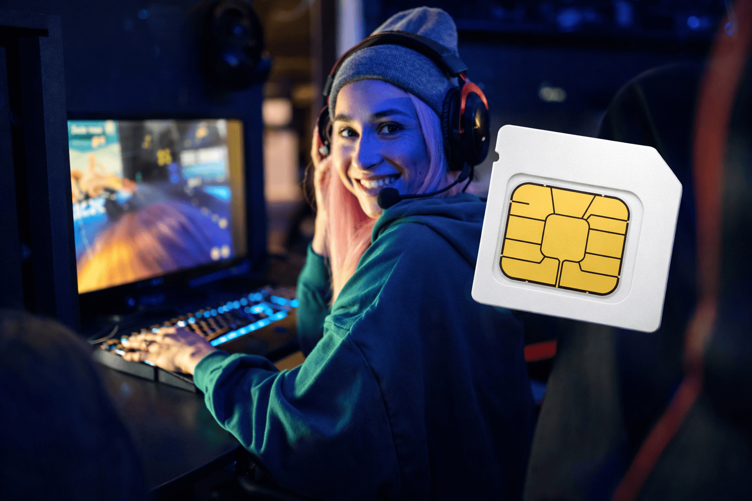 En gamer tjej med ett simkort med obegränsad surf.