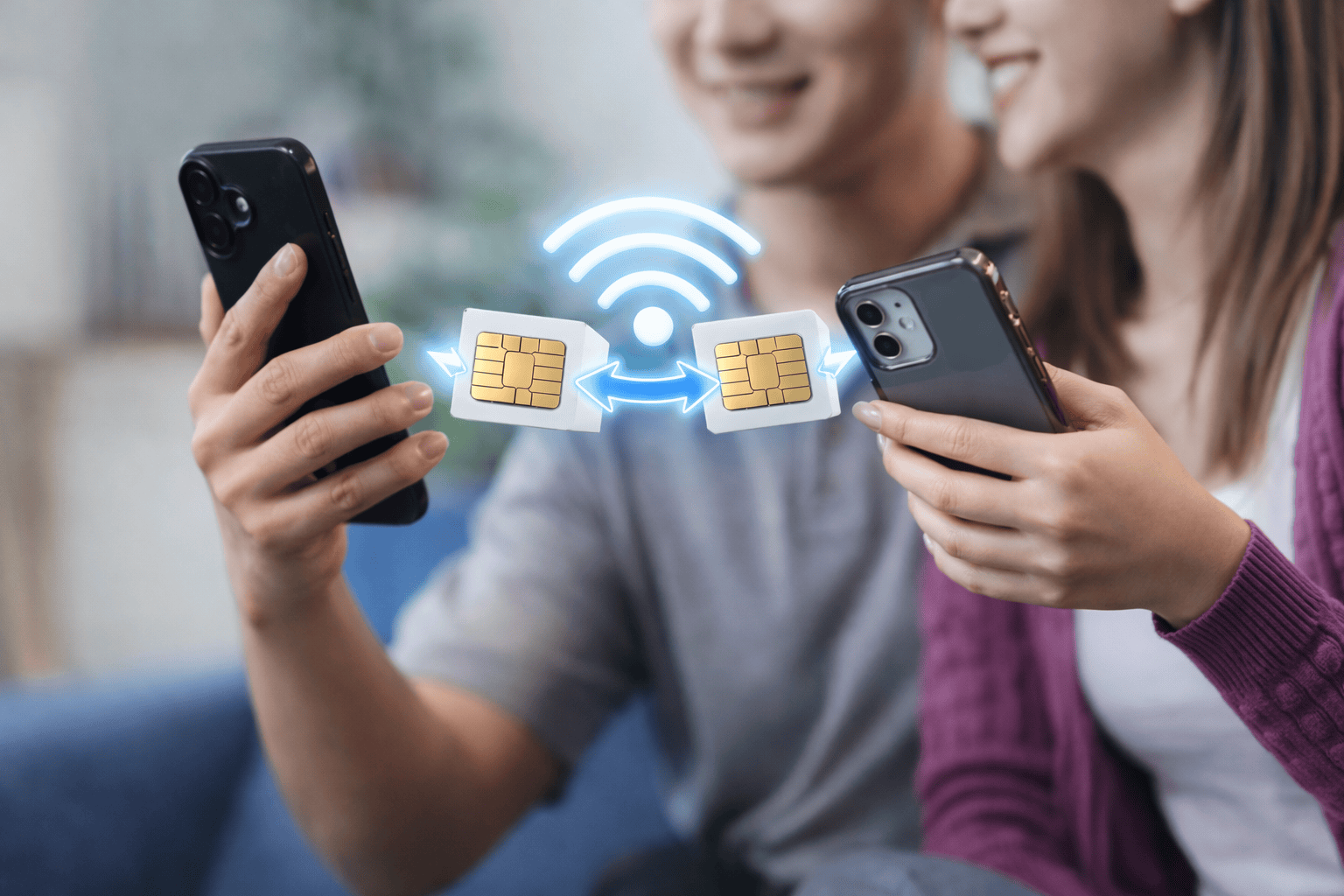 Ett par som försöker att dela surf med sina SIM-kort.